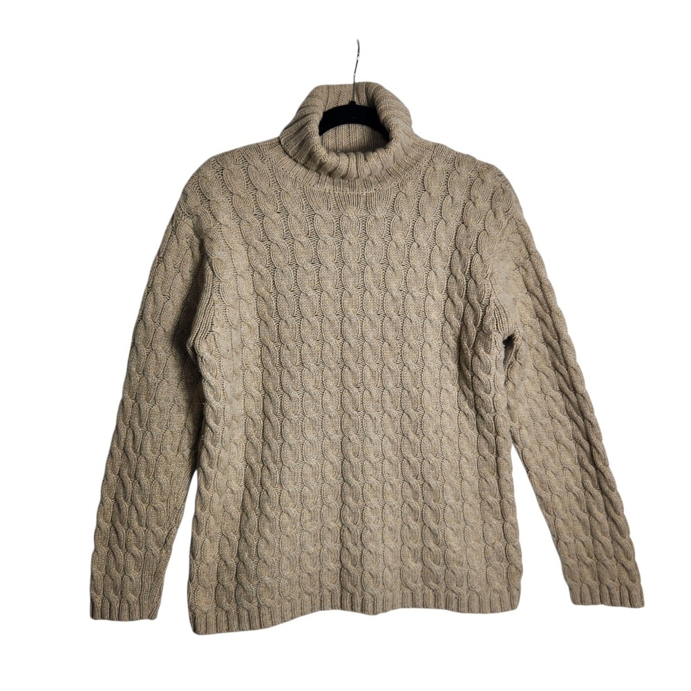LL Bean Womens Lambswool Angora Cable Knit Turtleneck Sweater Beige SM 0UF73